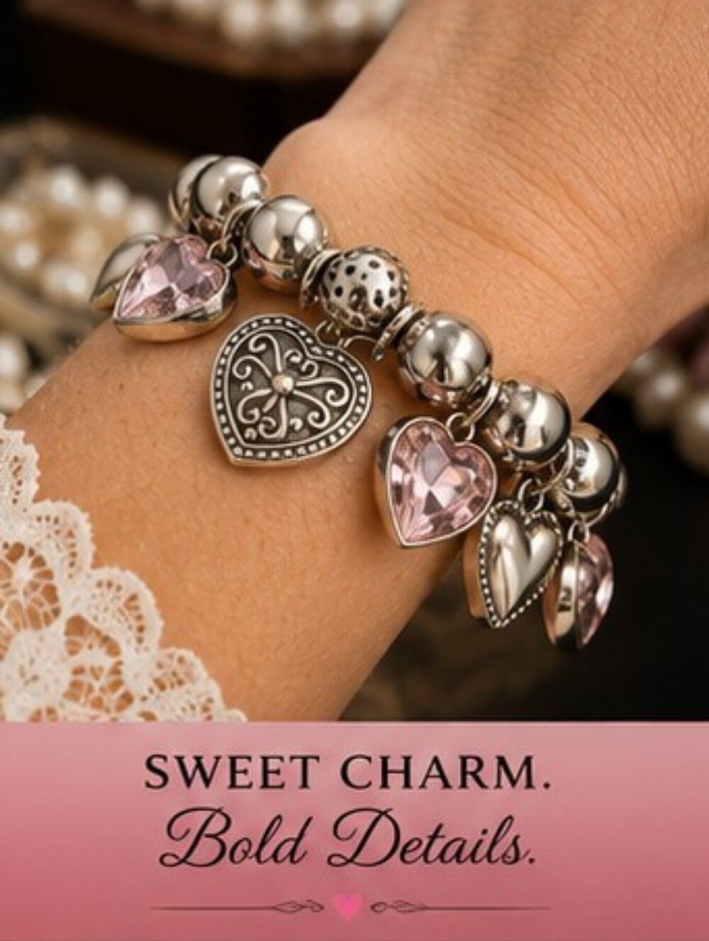 Vintage Y2K Pink Glass Heart Charm Stretch Bracelet Silver Tone
